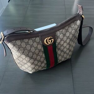 Gucci Beige and Brown Satchel with Red and Green Stripe